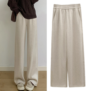 人字纹毛呢加绒加厚裤子女2025新款秋冬季高腰显瘦宽松直筒阔腿裤