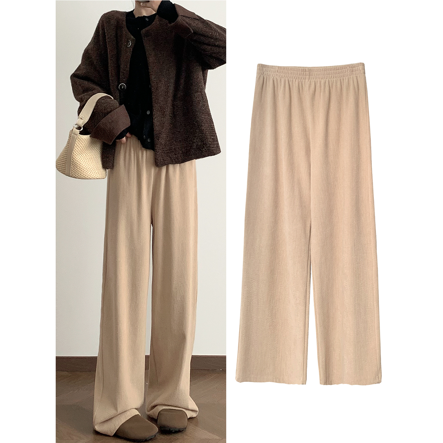 秋冬卡其色高腰阔腿裤女