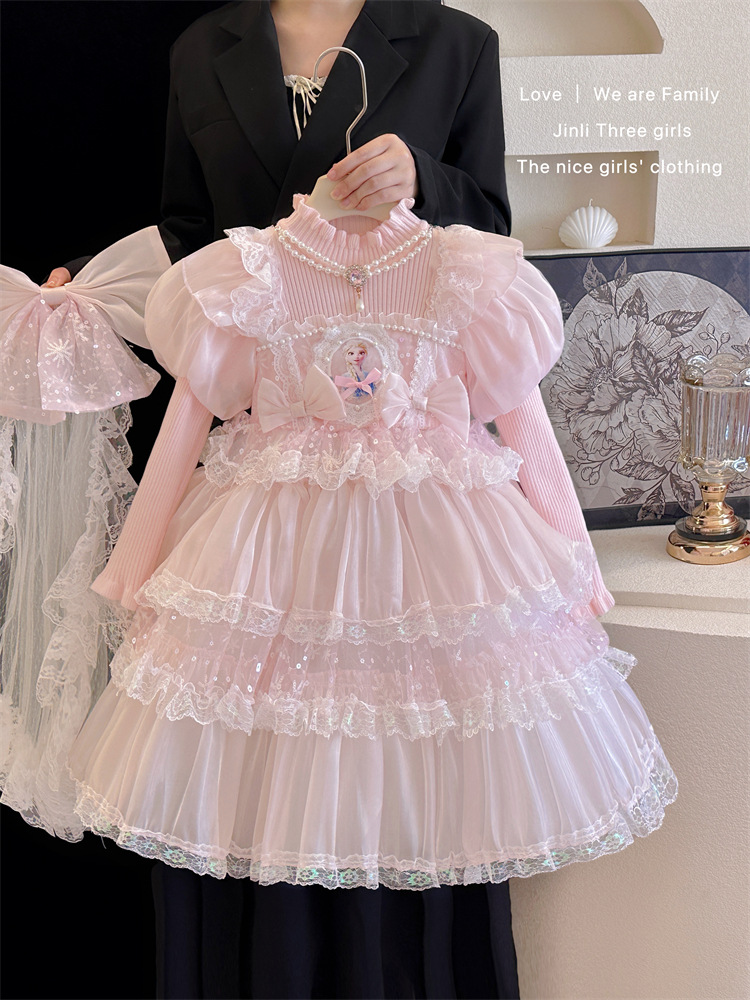 冰雪奇缘爱莎公主裙女童2025秋冬装儿童毛衣礼服生日蛋糕裙网纱裙