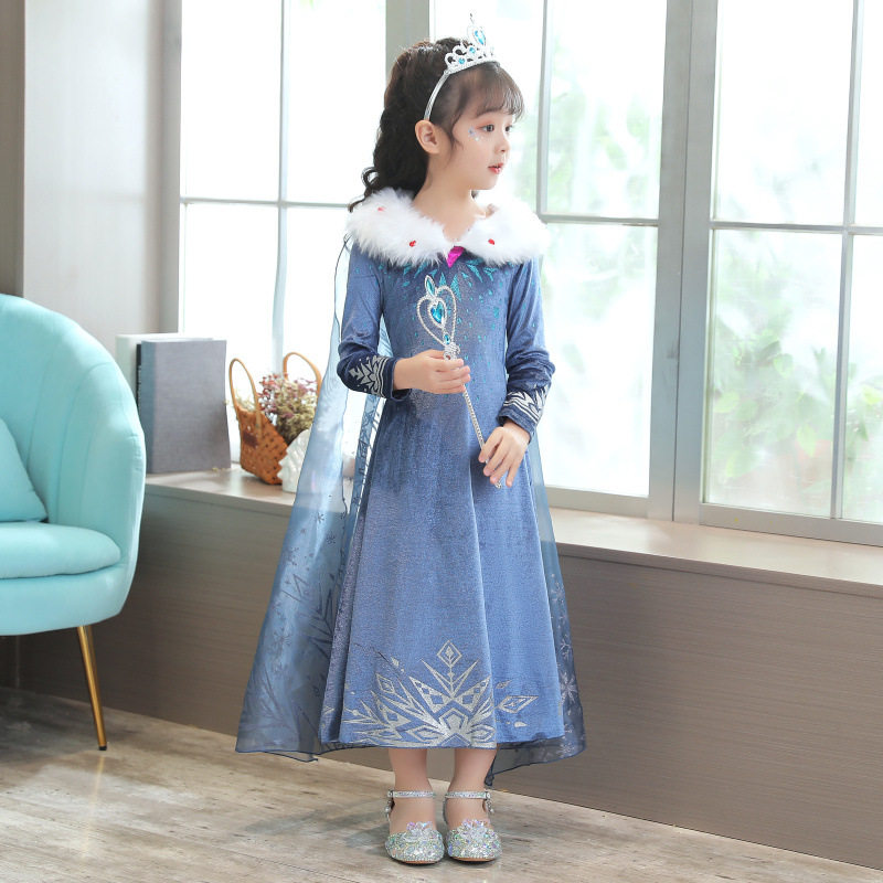 2026秋冬冰雪奇缘2礼服裙女童生日毛毛领爱莎公主裙 万圣节连衣裙