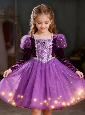 新款礼服万圣节儿童紫色连衣裙女宝宝蓬蓬纱裙生日宴会艾莎公主裙