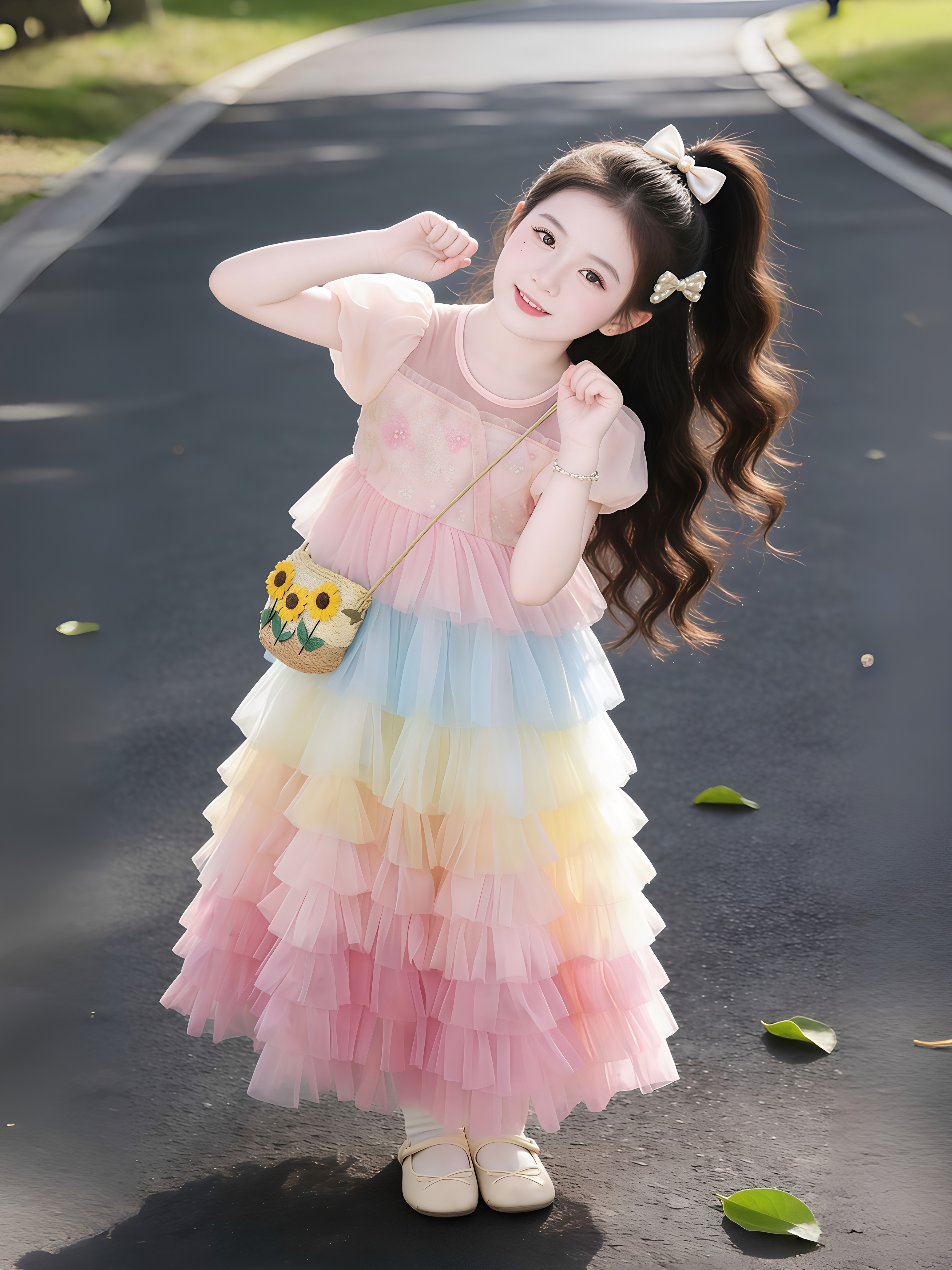 女童连衣裙夏季2026新款女孩彩虹网纱公主裙儿童生日蛋糕裙蓬蓬裙