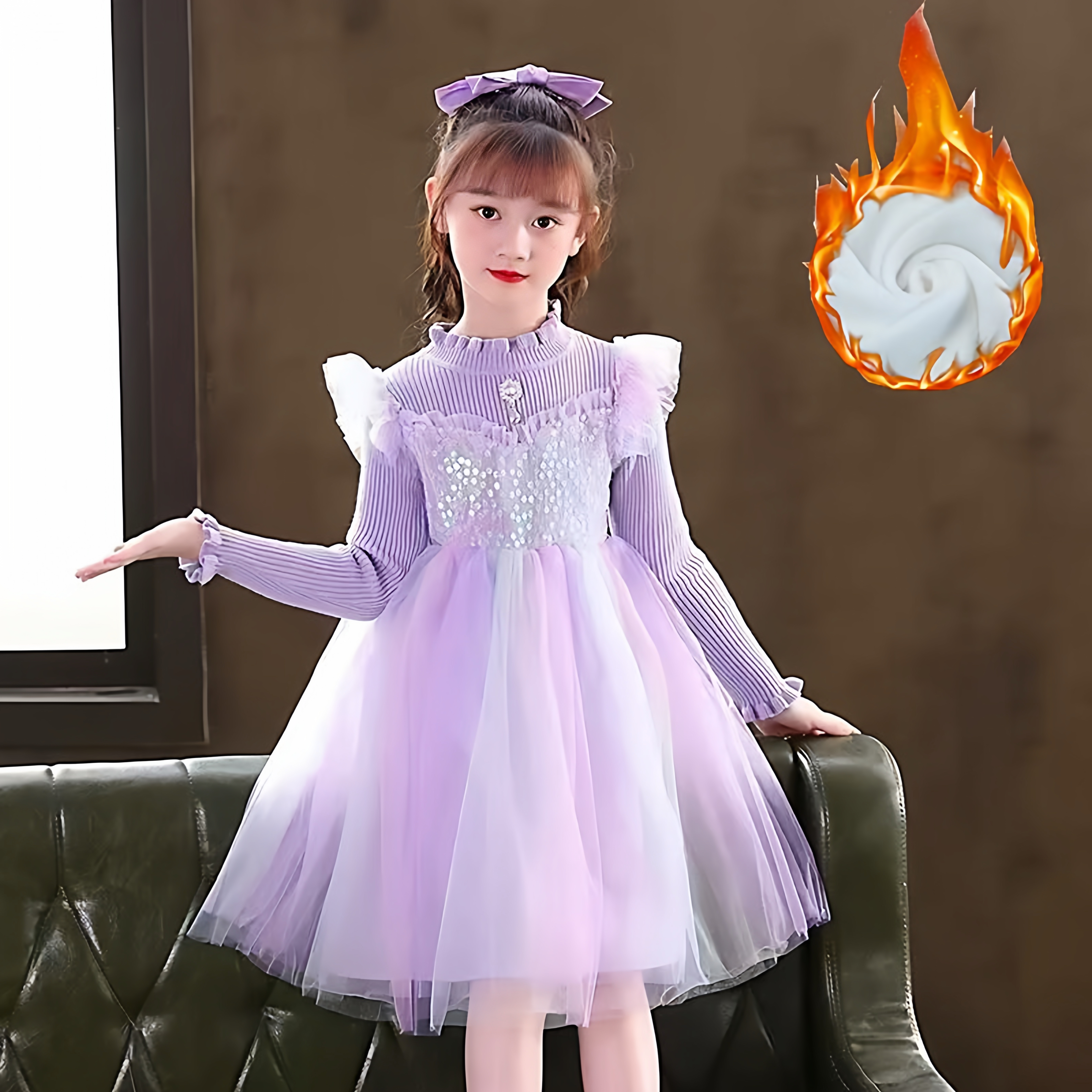 女童连衣裙2025新款秋冬加绒加厚长袖儿童生日毛衣裙公主裙泡泡袖