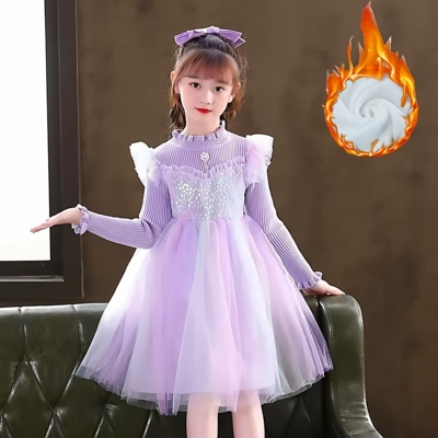 女童连衣裙2025新款秋冬加绒加厚长袖儿童生日毛衣裙公主裙泡泡袖