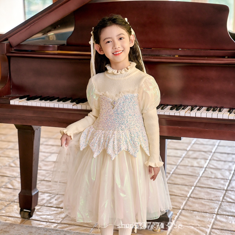 女童连衣裙人鱼姬公主裙秋冬加绒加厚毛衣裙亮片礼服水貂毛网纱裙