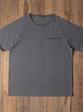 Double seam 拼色口袋短袖T恤插肩袖 卷边圆领宽松纯棉 复古黑灰