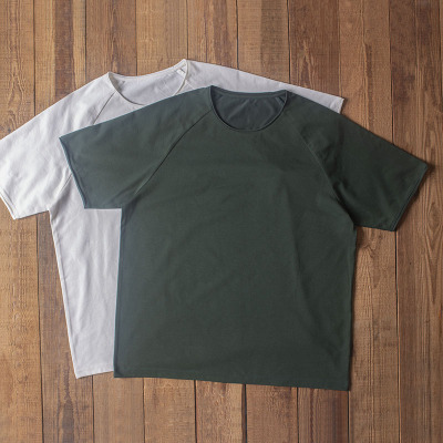Double Seam 插肩袖T恤圆领宽松短袖卷边复古纯棉打底衫男墨绿色