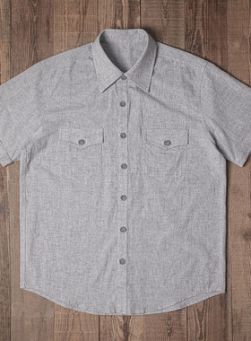 Double Seam 麻棉工装口袋衬衫男装美式复古短袖衬衣日本进口钮扣