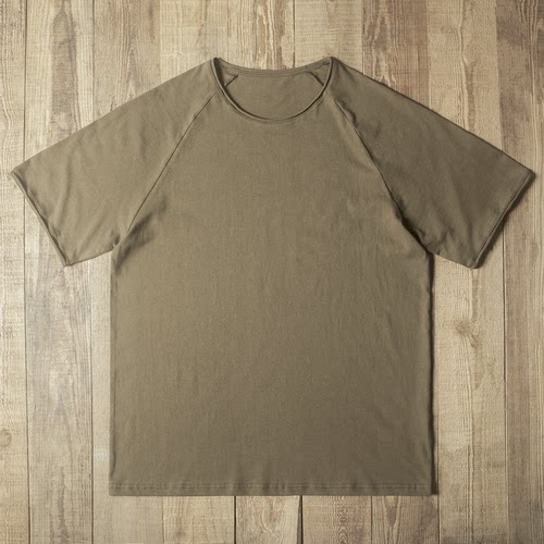 Double Seam 插肩袖T恤卷边圆领宽松短袖复古纯棉打底衫 深卡其