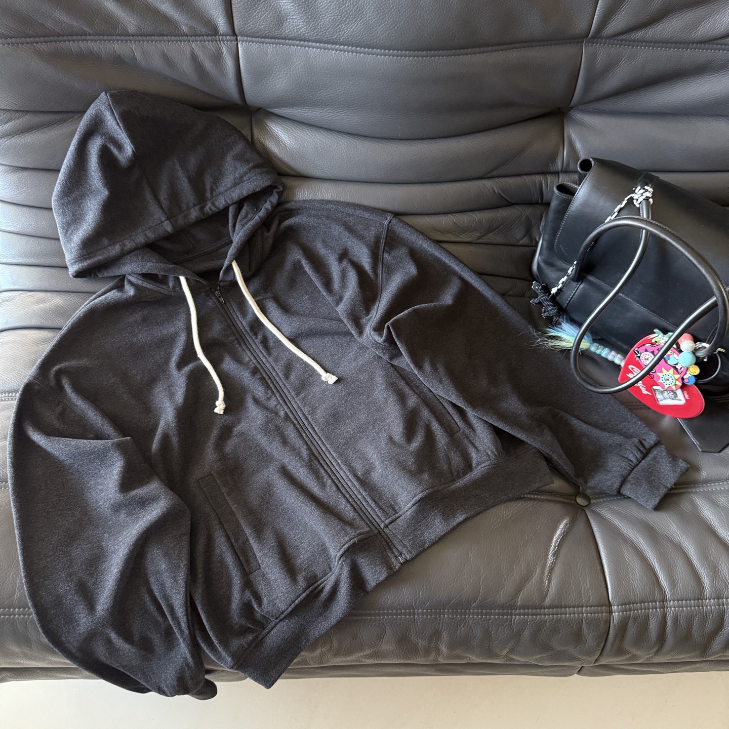 法式极简宽松柔软拉链连帽衫