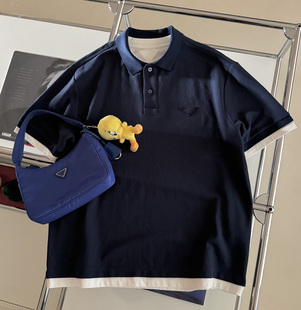 【特价】S码 三角贴布宽松T恤 老钱风舒适棉质假两件拼色polo衫