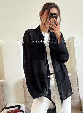 NeedShop1 夏季新款宽松显瘦极简慵懒风黑色半透明长袖衬衫