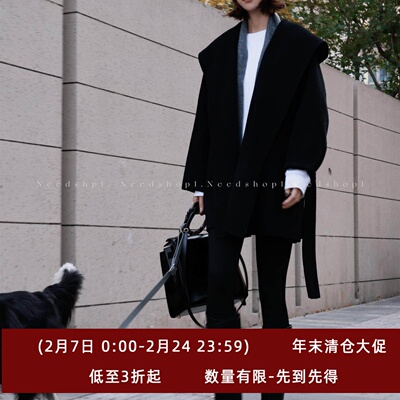 黑色人字纹连帽宽松大衣外套