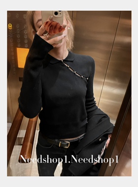 NeedShop12022秋冬新款双色POLO领设计感纯欲修身小衫针织衫女