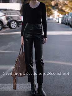 NeedShop12023秋冬新款黑色九分高腰修身显瘦百搭简约直筒皮裤