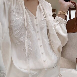 衬衫 NeedShop1 白色V领定制珠片设计感长袖 新款 女 夏季