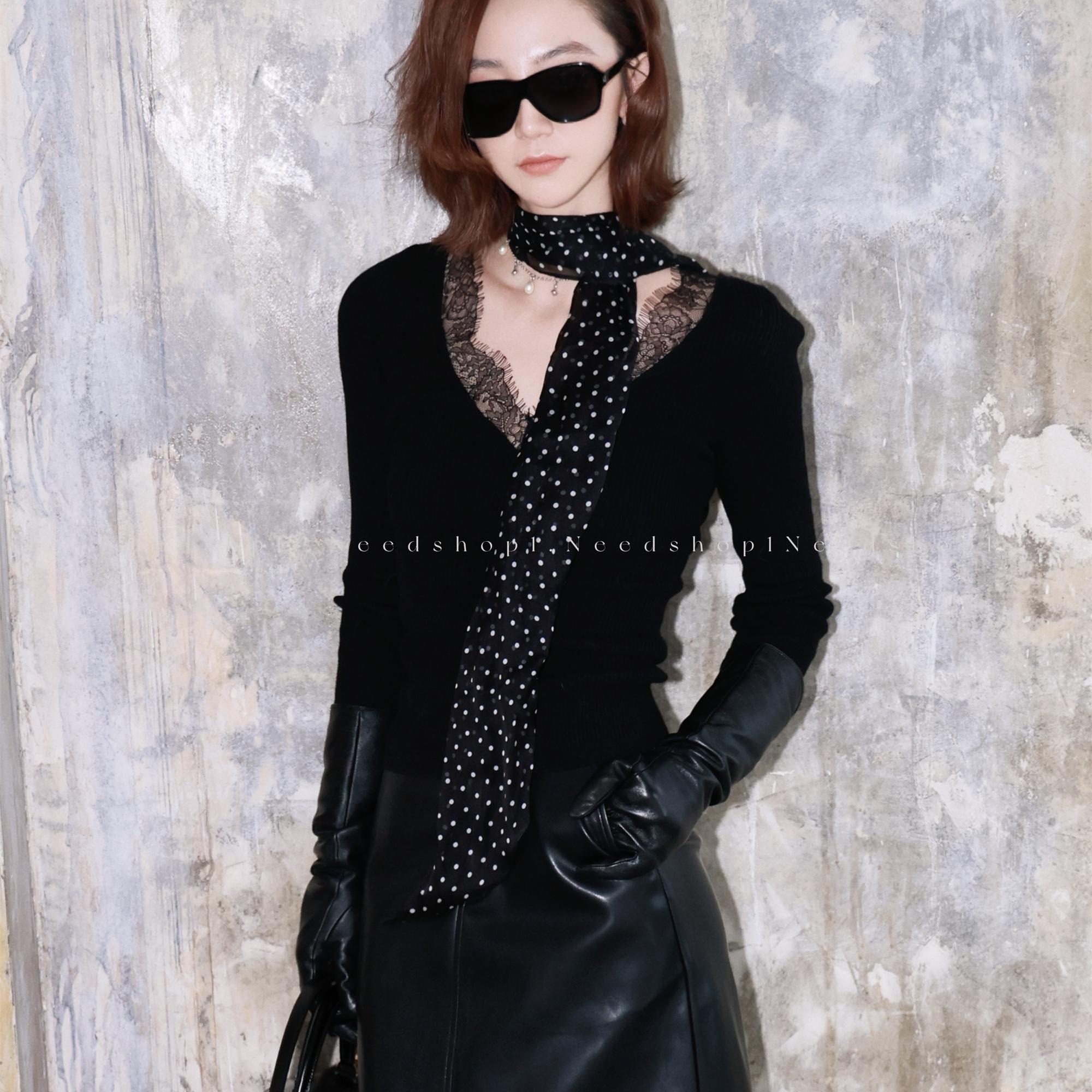 设计感显瘦双色蕾丝拼接针织上衣