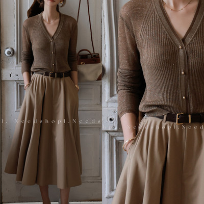 NeedShop1 初秋新款百搭棕色V领亮片短款开衫针织开衫