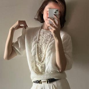 NeedShop1 冬季新款定制蕾丝镂花设计乳白色温柔马海毛毛衣女