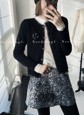 NeedShop12024春季新款黑色镶边高级感百搭全羊毛针织开衫外套