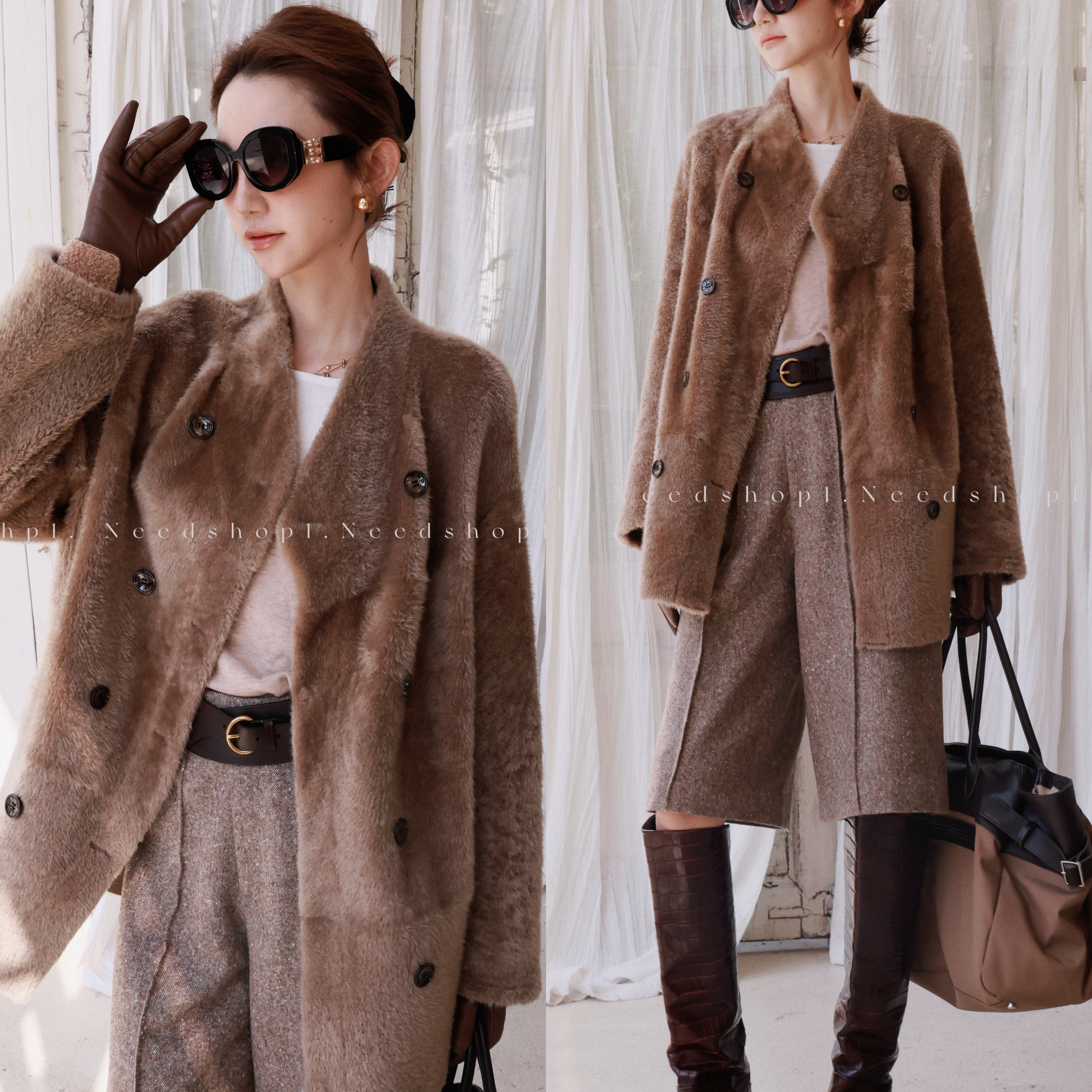 进口皮毛一体轻奢驼色中长款皮草