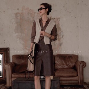 NeedShop1 新款 棕色开叉时尚 摩登百搭包臀皮裙 秋冬季