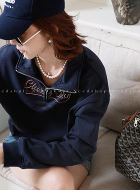 Needshop1 2025春季新款深蓝色美式翻领休闲简约卫衣女