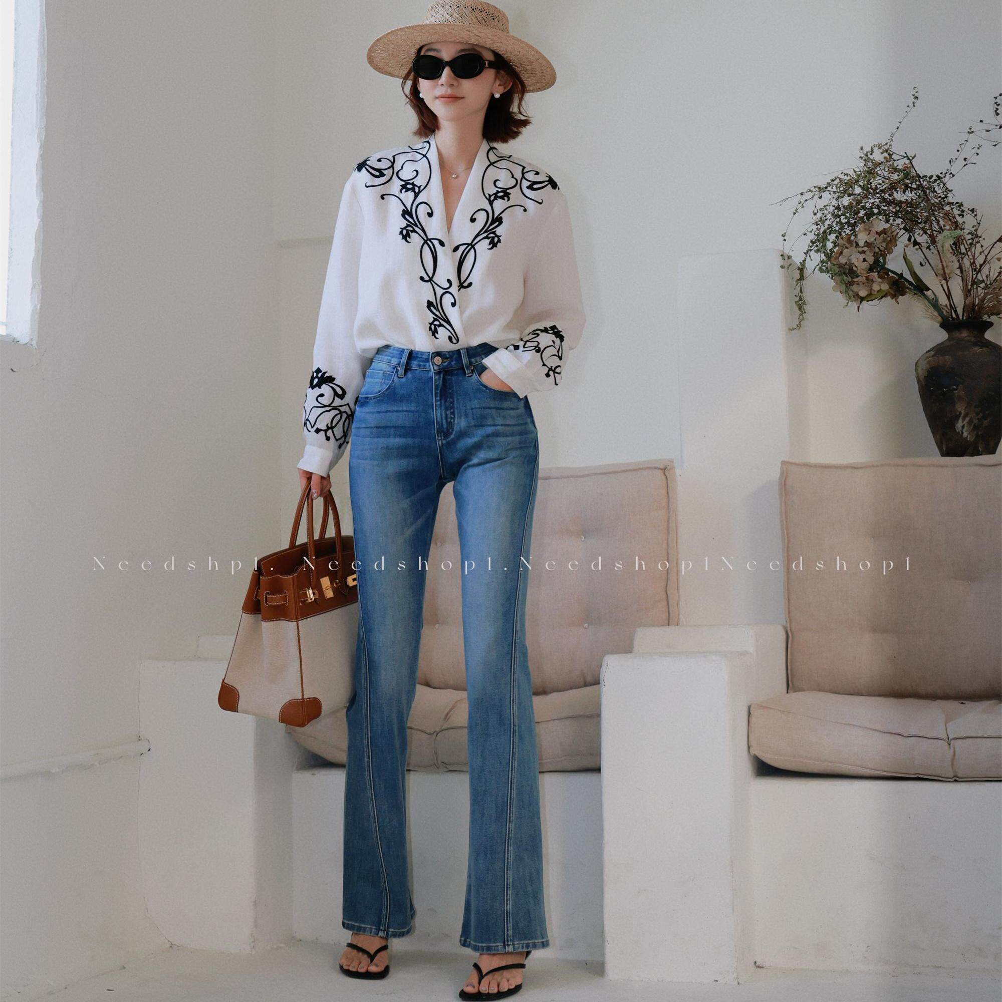 NeedShop1 2025春季新款深蓝色高腰弹力修身显瘦复古微喇牛仔裤女,女装/女士精品,牛仔裤,淘宝优惠券,粉丝福利购,淘宝优惠卷