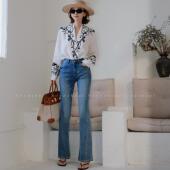 显瘦复古微喇牛仔裤 NeedShop1 深蓝色高腰弹力修身 新款 女 2025春季