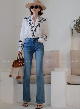 NeedShop1 2025春季新款深蓝色高腰弹力修身显瘦复古微喇牛仔裤女