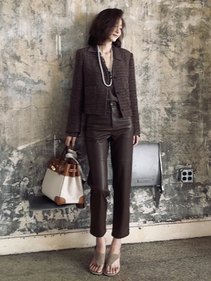 NeedShop百搭咖色九分皮裤