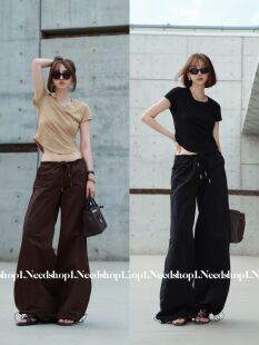 裤 NeedShop12023夏季 复古抽绳休闲直筒宽松工装 双色美式 新款