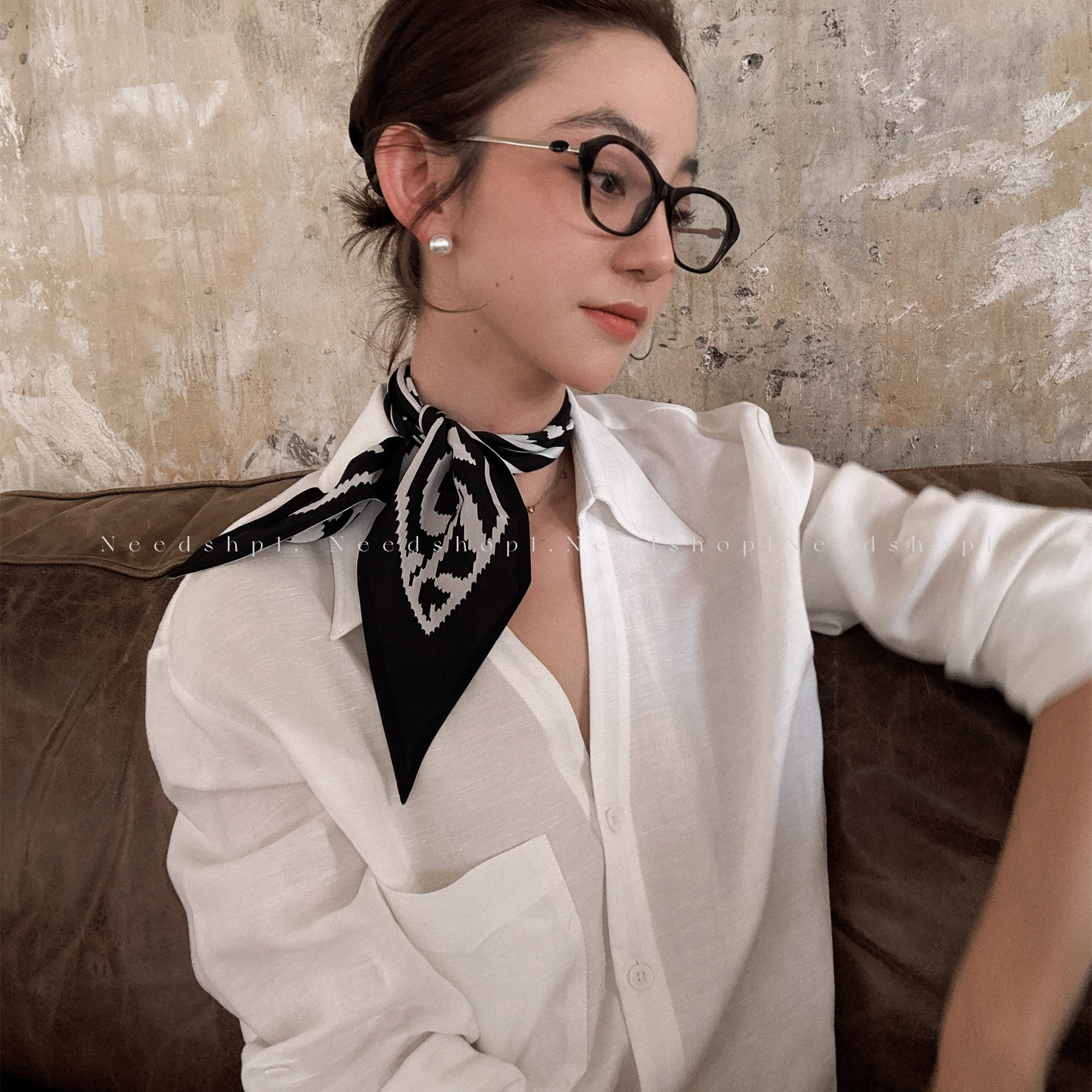 NeedShop1 夏季新款黑白拼色高级感法式长条桑蚕丝丝巾发带