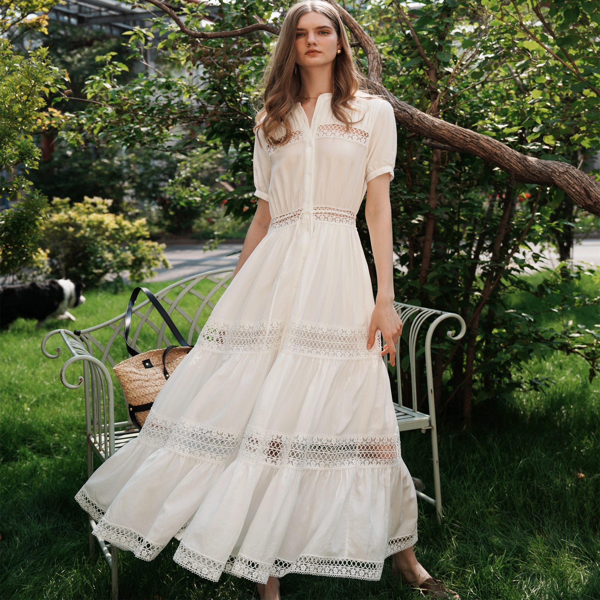 NeedShop1 2025夏季新款唯美重工白色定制蕾丝拼接连衣裙女