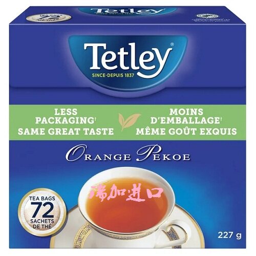 新品包邮加拿大TETLEY泰勒PEKOE香橙白毫72茶包227克/盒上等红茶