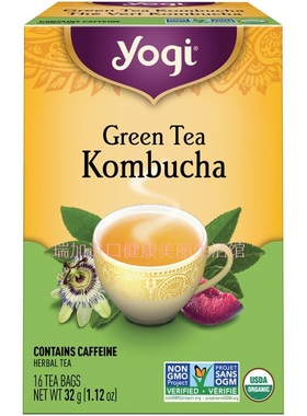 包邮加拿大YOGI GREEN TEA KOMBUCHA瑜伽发酵茶柠檬李子百香果32g