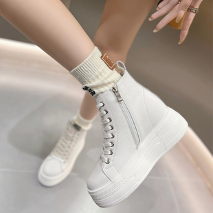 白色真皮高帮女鞋2026新款高邦高跟鞋内增高10cm松糕厚底保暖棉鞋