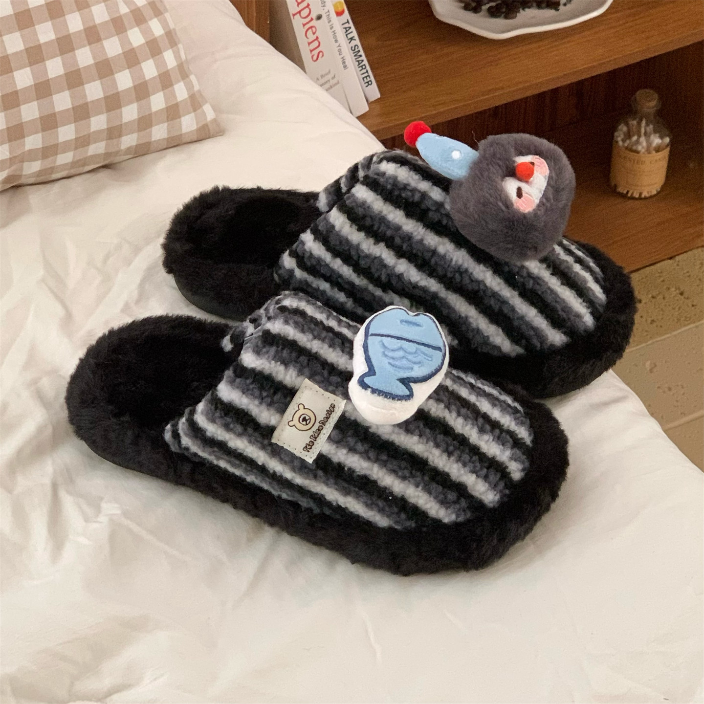 保暖可爱企鹅小鱼男女居家棉拖鞋包头防滑秋冬撞色条纹情侣毛毛鞋,居家布艺,居家棉拖/棉鞋,淘宝优惠券,粉丝福利购,淘宝优惠卷