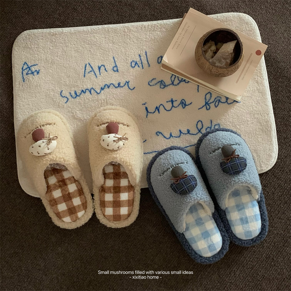 细细条立体小蘑菇棉拖鞋女