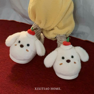 女冬 防滑学生保暖棉拖鞋 百搭软底舒适新款 可爱苹果小狗居家毛毛鞋