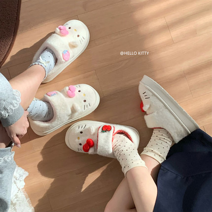 百搭网红加绒面包鞋冬正版HelloKitty猫可爱防滑厚底魔术贴棉鞋女