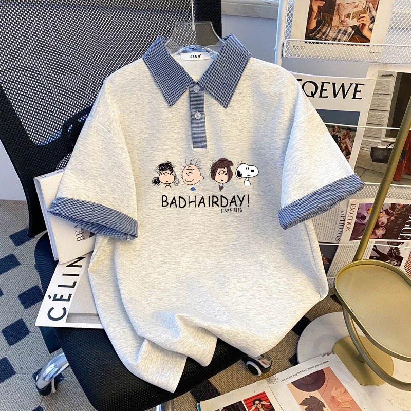 女童poloT恤翻领设计拼接简约童装格子夏季休闲时尚学院短袖大码