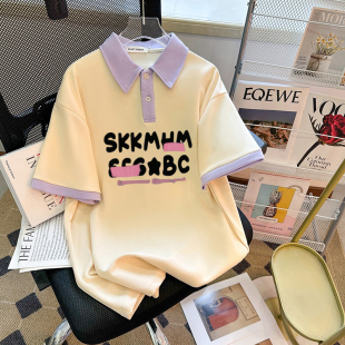 紫色拼色翻领短袖T恤女孩夏季polo宽松宝宝上衣ins新款修身复古女