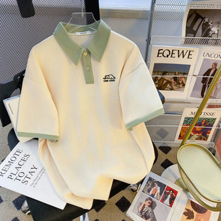 日系撞色短袖夏季宽松显瘦百搭短袖上衣绿色设计Polo衫设计感潮牌