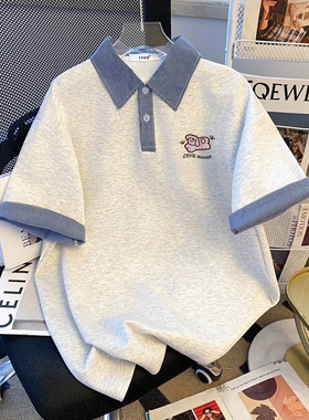 日系plol衫韩版美式拼接格子撞色短袖t恤女夏季宽松情侣半袖上衣