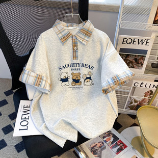 T恤上衣设计学院风女童夏季大码韩版印花polo体恤短袖拼接格子ins