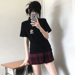 黑色polo衫女短袖t恤2026夏季新款韩版设计感小众宽松纯色学生ins