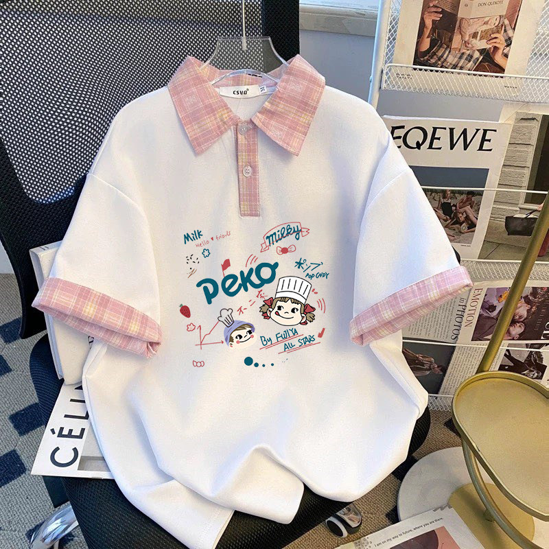 美式短袖格子polo拼接夏季T恤宽松学院儿童上衣2026新款女童潮牌