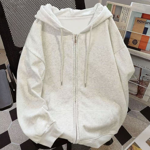 2026韩版美式重磅白灰色卫衣外套女秋冬新款宽松连帽拉链开衫上衣