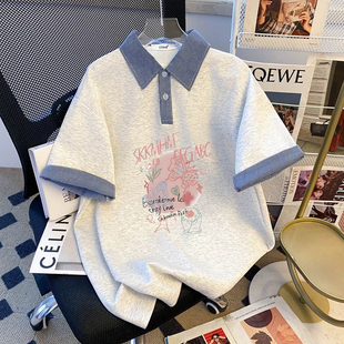 复古polo短袖2026夏装大码格子学院宽松翻领上衣女新中式薄款潮牌